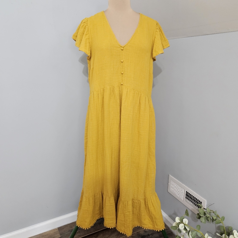 Mustard Yellow Maxi Dress XXL Boho Flutter Prairie Cottagecore Boho Cotton Gauze - Picture 1 of 11